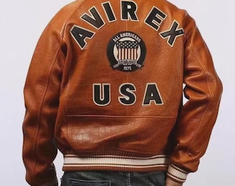 Orange Avirex Bomber Leather Jacket Croc Embraided Genuine cowhide Leather Avirex USA Military Streetwear Fashion Jacket Gift For Riders