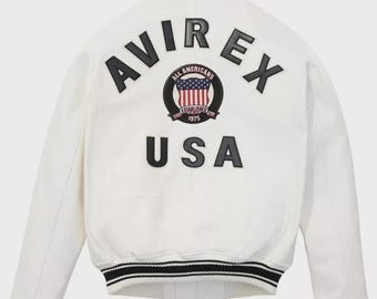 Herren Avirex White Real Bomber American Fliegerjacke Lederjacke für Herren Geschenk, Avirex Cafe Racer Leder Bikerjacke, Rindsleder