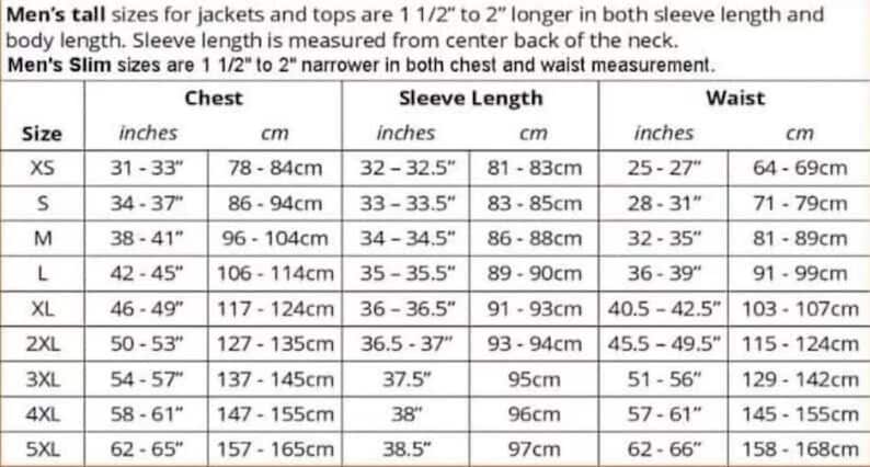 May include: A size chart for men's jackets and tops, detailing chest, sleeve length, and waist measurements in inches and centimeters. Includes sizes XS to 5XL, with specific notes on tall and slim fits.