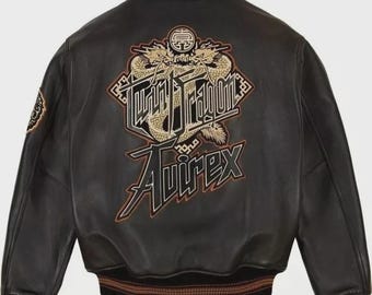 Mens Avirex Real Leather Bomber Jacket: Classic American Flight Style Genuine cowhide Leather Jacket Front Back Embroidery Gift For Riders