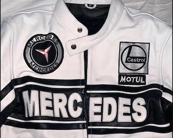 Giacca in pelle Mercedes Giacca in pelle da motociclista Mercedes Motul in vera pelle di mucca bianca Giacca Mercedes per motociclisti Miglior regalo di Natale