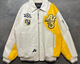 Nueva chaqueta universitaria de cuero vacuno Avirex, estilo bomber urbano blanco y amarillo, chaqueta de cuero auténtico a la moda, el mejor regalo para motociclistas.
