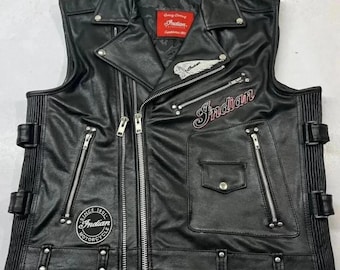 Indian Motorcycle Leather Biker Vest Genuine Cowhide Riding Vest Men’s Western Motorcycle Racing Black Vest Streetwear Leather Vest Gift him