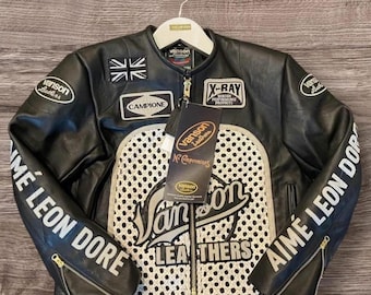 Giacca da corsa in pelle traforata intrecciata Aime Leon x Vanson, giacca da motociclista nera e bianca con toppe, giacca da motociclista vintage a raggi X, regalo per lui