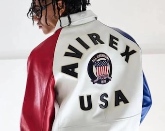 Avirex Leather Jacket Men's USA Tricolor Vintage Varsity Biker Jacket Genuine Cowhide Leather Streetwear Bomber Jacket Best Gift for Him Her