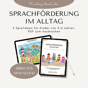 May include: Two digital tablets showcasing educational resources. One displays a colourful search-and-find image, the other features the text "SPRACHFÖRDERUNG IM ALLTAG" and illustrations of children reading. A stylus is on the screen. The text "DIRKETER DOWNLOAD" is also visible.