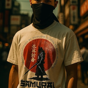 Samurai Warrior Graphic Tee, Japanese Streetwear Cotton T-Shirt
