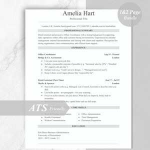 May include: A two-page resume template, featuring the name "Amelia Hart" at the top. The document includes sections for professional summary, experience, core skills, and education. The text "ATS Friendly" is visible.