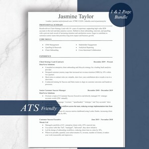 May include: A white resume template with the name "Jasmine Taylor" at the top. The resume includes sections for professional summary, core skills, and experience. A blue circle in the top right corner says "1 & 2 Page Bundle". The bottom left corner says "ATS Friendly".