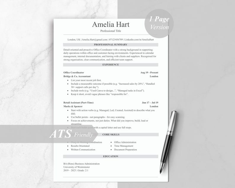 ATS Friendly Resume | CV Template for Word & Google Docs | 1 Page ...