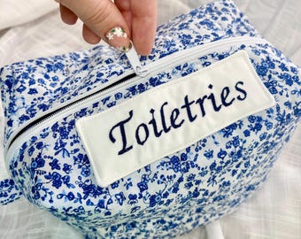 Blue Floral Quilted Makeup Bag, Embroidered Cosmetic Pouch, Travel Toiletry Organizer