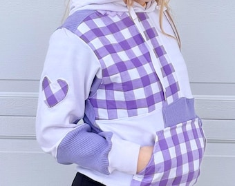 Light Purple Patch Work Hoodie / Quilted Lavender Sweatshirt / Cozy Warm Jacket / Cottage Core