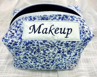 Blue Floral Quilted Makeup Bag, Embroidered Cosmetic Pouch, Travel Toiletry Organizer
