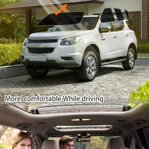 Puede incluir: Un SUV blanco con cristales tintados est&aacute; estacionado afuera, bloqueando la mayor&iacute;a de los rayos UV. La imagen muestra una calificaci&oacute;n UV99%. El interior del coche muestra una familia con ni&ntilde;os, sugiriendo una conducci&oacute;n c&oacute;moda.