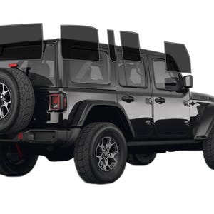May include: A black Jeep SUV with tinted windows, spare tire, and black wheels. The vehicle is shown from a rear three-quarter view, highlighting its rugged design and off-road capabilities. The image is set against a white background.