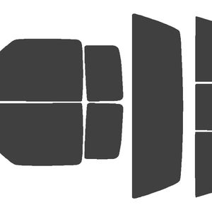May include: A collection of dark gray window tint precut patterns for a vehicle. The shapes include various sizes and designs for different window sections, arranged against a white background. The image is a top-down view.