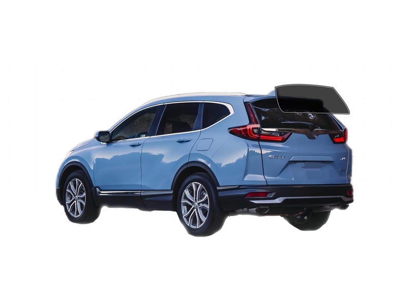 Puede incluir: Un SUV azul claro con detalles negros y llantas plateadas. La ventana trasera est&aacute; abierta. El veh&iacute;culo est&aacute; sobre un fondo blanco.