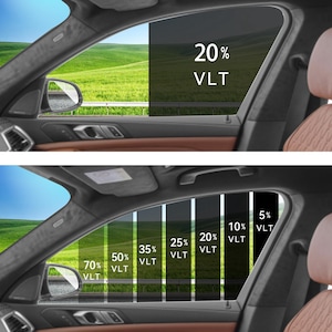 Puede incluir: Comparaci&oacute;n de tintado de lunas de coche con diferentes porcentajes de Transmisi&oacute;n de Luz Visible (VLT). La imagen muestra un interior de coche con diferentes niveles de tinte, desde 5% hasta 70% VLT, demostrando el efecto en la visibilidad.