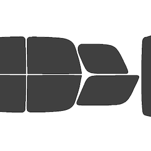 May include: A set of pre-cut, dark gray window tint film pieces, designed for a vehicle. The shapes include various sizes and curves, indicating coverage for multiple windows, including the rear window and side windows.