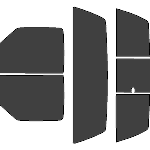 May include: A collection of dark gray window tinting film pieces, cut into various shapes and sizes. The pieces are designed to fit different windows, including side and rear windows. The shapes are geometric and angular, with clean lines.
