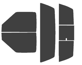 May include: A collection of dark gray window tinting film pieces, cut into various shapes and sizes. The pieces are designed to fit different windows, including side and rear windows. The shapes are geometric and angular, with clean lines.