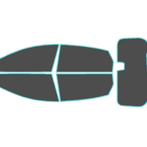 May include: A collection of dark gray window tint pieces with a light blue outline, arranged to resemble a car's windows and a floor mat. The shapes are designed to fit specific car models, offering privacy and sun protection.