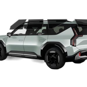 May include: A light green SUV with black wheels and tinted windows. The vehicle has a modern design with sleek lines and a futuristic aesthetic. The wheels are black and the windows are tinted.