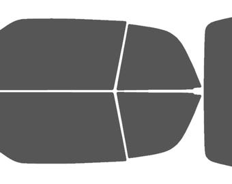 May include: A set of pre-cut, dark gray window tint film pieces for a vehicle. The pieces are designed to fit the side and rear windows, offering privacy and UV protection. The shapes are precisely cut for easy installation.