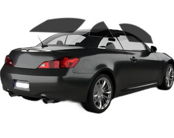 May include: A dark gray coupe with tinted windows. The car has a sleek design with silver alloy wheels and red taillights. The windows are tinted, and the car appears to be in a studio setting.
