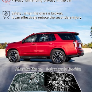 Puede incluir: Un SUV rojo con ventanas rotas, que muestra la eficacia de una pel&iacute;cula de seguridad. La imagen incluye el texto "Privacidad: Mejora de la privacidad en el coche" y "Seguridad: cuando el cristal se rompe, puede reducir eficazmente la lesi&oacute;n secundaria."