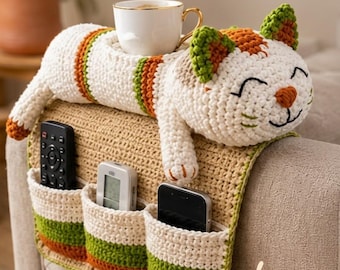 Crochet Cat Sofa Organizer Pattern, Amigurumi Couch Caddy, Cup Holder & Remote Holder, Cat Armrest Organizer PDF, Digital Download