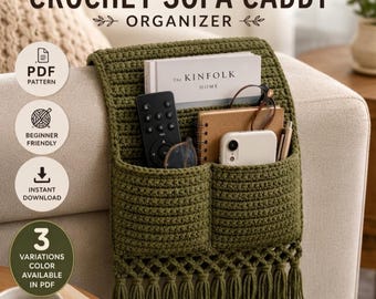 Patrón PDF de organizador de sofá de ganchillo oculto, patrón de organizador de sillón de ganchillo, 3 variaciones de color, soporte para control remoto, decoración del hogar fácil