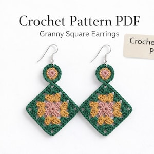 May include: A pair of handmade crochet earrings in a granny square design. The earrings feature a green border with a pink and yellow center. The text "Crochet Pattern PDF" and "Granny Square Earrings" is visible.
