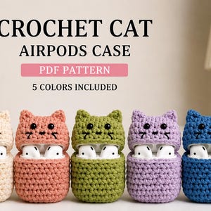 Peut inclure: Étuis Airpods en crochet en forme de chat, disponibles en cinq couleurs : beige, corail, vert, violet et bleu. Chaque étui présente des détails brodés noirs. Conçus pour contenir des Airpods.