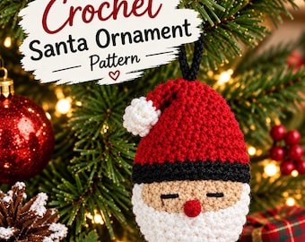 Patrón de adorno de Papá Noel a crochet, adorno para árbol de Navidad en PDF, patrón de Papá Noel a crochet, decoración navideña a crochet, adorno navideño DIY