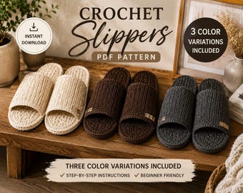 Patrón de pantuflas de ganchillo en PDF / Patrón de pantuflas de casa cómodas a ganchillo / Zapatillas de casa fáciles de hacer / 3 variaciones de color / Descarga instantánea