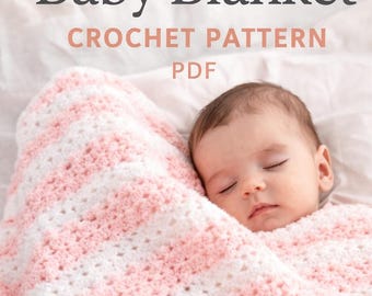 May include: A sleeping baby wrapped in a pink and white striped crochet baby blanket. The image includes text that reads "BEGINNER FRIENDLY Baby Blanket CROCHET PATTERN PDF".