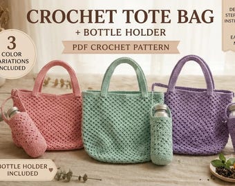 Patrón de bolso de verano de ganchillo 3 en 1 en PDF, patrón de bolso de mano y portabotellas, bolso de mercado de ganchillo, patrón de bolso de playa, descarga digital