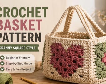 Cesta de ganchillo cuadrada de la abuela con estampado de corazones, cesta de almacenamiento hecha a mano, organizador estético para la decoración del hogar, regalo para mujer, bonita cesta de lana