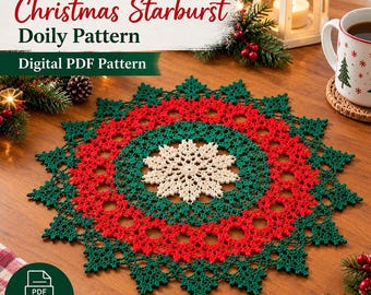 Patrón de tapete navideño de ganchillo con forma de estrella, decoración de mesa festiva con encaje, descarga digital en PDF.