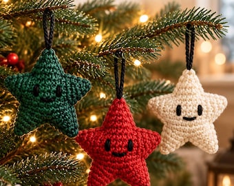 Patrón en PDF para adorno de estrella de ganchillo en miniatura, estrella amigurumi 3D, decoración para árbol de Navidad, adorno navideño colgante, instrucciones escritas.