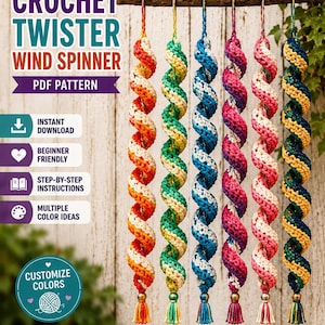 May include: Six crochet twister wind spinners hanging from a wooden branch. Each spiral features two-toned yarn in orange and white, green and yellow, blue and white, pink and purple, pink and white, and dark green and yellow, finished with tassels.