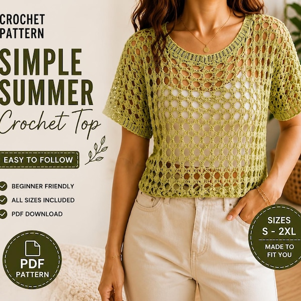 Simple Summer Crochet Top Pattern PDF, Mesh Crochet Shirt, Easy Crochet Tee Pattern, Beach Cover Up, Women's Top, S-2XL