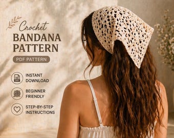 Patrón de pañuelo de ganchillo en PDF, tutorial fácil para principiantes para tejer un pañuelo para la cabeza, pañuelo bohemio para el cabello, pañuelo de encaje con flores, patrón de ganchillo de descarga instantánea.