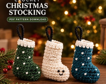 Patrón de adorno de calcetín navideño de ganchillo, mini calcetín en PDF, decoración para el árbol de Navidad