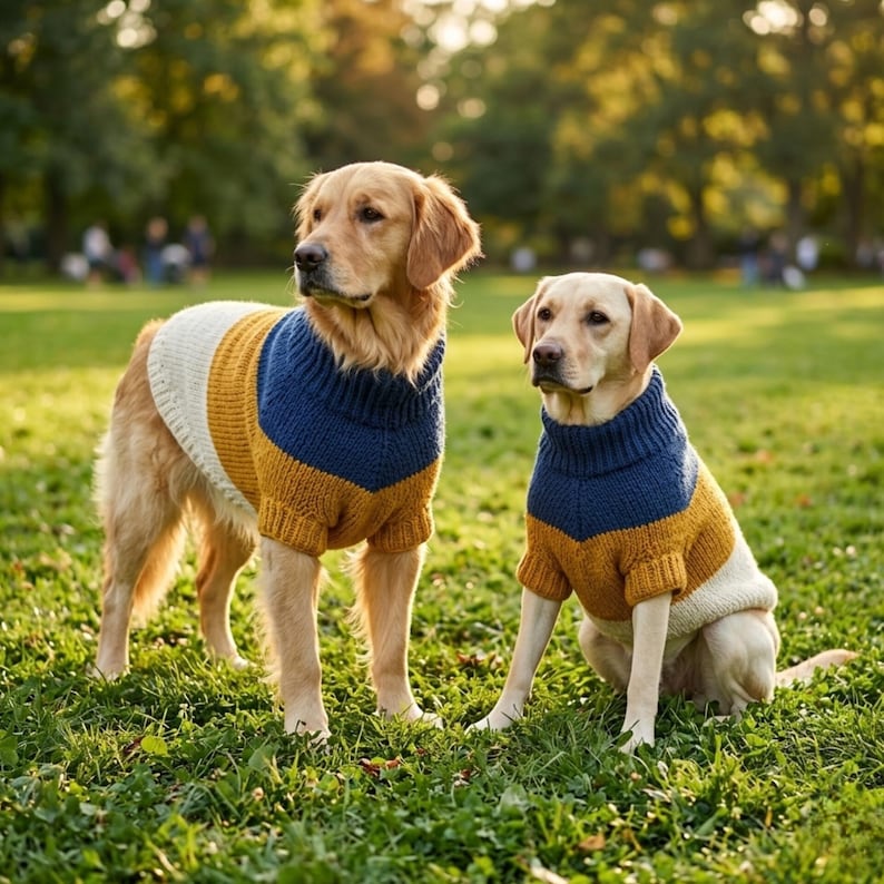 May include: Two dogs wearing matching knitted sweaters. The sweaters are a combination of navy blue, mustard yellow, and white. The dogs are in a grassy park setting, with trees and sunlight in the background.