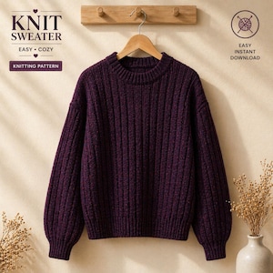 May include: A deep purple knit sweater with a ribbed texture, displayed on a wooden hanger. The sweater has a crew neck and long sleeves. Text on the left reads "KNIT SWEATER EASY • COZY KNITTING PATTERN". The right side has a yarn ball icon and "EASY INSTANT DOWNLOAD".