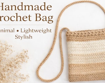 May include: A handmade crochet bag in beige and cream colours. The bag has a long strap and a rectangular shape. The image includes the text "Handmade Crochet Bag" and the words "Minimal, Lightweight, Stylish".