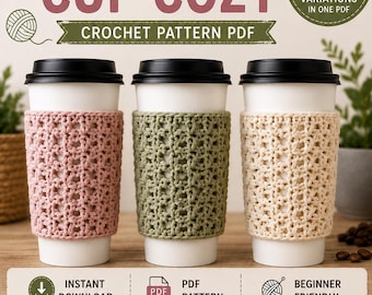 Patrón de funda para taza de ganchillo, funda para taza de café en PDF, funda para taza para llevar, tres variaciones de color, descarga instantánea.