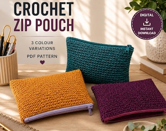 Patrón PDF para neceser de ganchillo con cremallera, neceser de ganchillo fácil, neceser de maquillaje de ganchillo para principiantes, 3 variaciones de color, descarga instantánea.